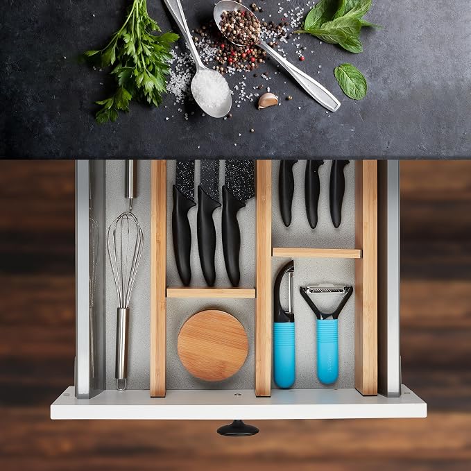 Relaxdays Drawer Dividers 10 Piece Set Adjustable Length from 43.5 to 56.5 cm Bamboo Drawer Divider Kitchen Natural 6 x 56.5 x 2 cm - Image 2