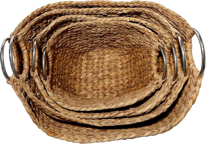 Deco 79 Seagrass Handmade Decorative and Functional Storage Basket Woven Curved Basket Organizer with Silver Metal Handles, Set of 4 Basket for Storage 14", 16", 19", 21"W, Brown | Decorative And Functional Handmade Woven Curved Basket Organizer With S... - Image 2