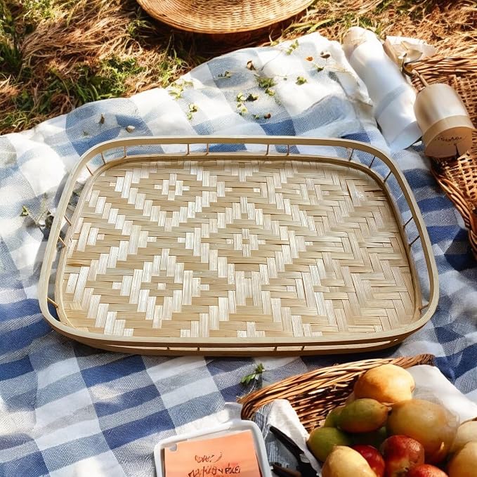 Set of 4 pcs Rectangular Bamboo Wicker Serving Trays with Handles, Handwoven Coffee Trays for Coffee, Breakfast, Bread, Food, Dish and Decorative Trays for Dining Table - Image 4