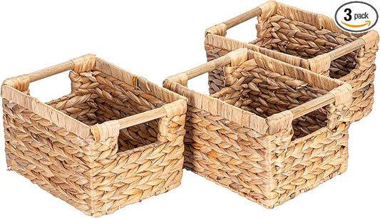 Small Wicker Baskets for Organizing Bathroom, Hyacinth Baskets for Storage, Wicker Storage Basket with Wooden Handle, Decorative Small Basket 10 x 7.5 x 6.3 inches - 3 Pack by VATIMA