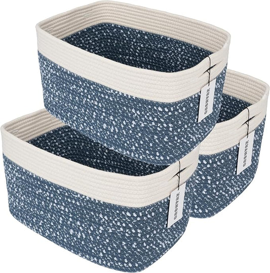 XUANGUO Woven Cotton Rope Storage Baskets 15x10x9.3" 3 Pack White and Blue | Decorative rectangular storage baskets for shelves and closets; storage bins organize clothes, toys, books and nursery items. by XUANGUO