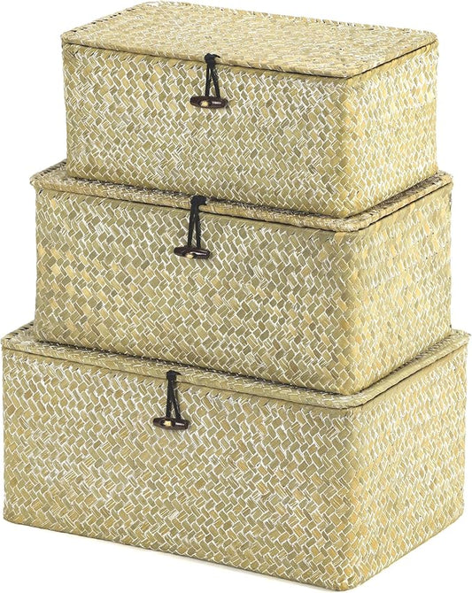 Nonam Storage Basket with Lid, Natural Seagrass Bin with Lid Set of 3, Shelf Baskets Multipurpose Container for Boho Decoration, Rectangular Household Storage Boxes for Home Organization-White by Unknown