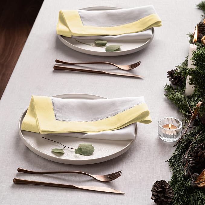 Linen Napkins 20 x 20 inch - 100% Flax Linen White and Yellow Dinner Napkins Set of 4 - Hemstitch Cloth Napkins Washable for Easter Day and Spring Holiday - Image 3