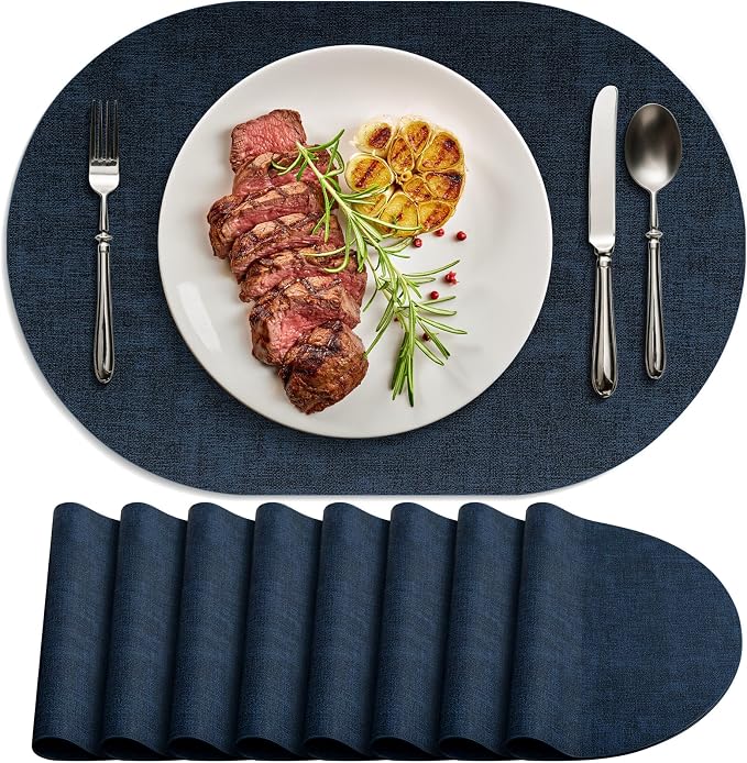 Placemats Set of 8-17" x 11.8" Waterproof & Heat Resistant Oval Place Mats, Wipeable Washable Double Layer Faux Leather Table Mats, Dark Blue by Delicateandelegantplacemats