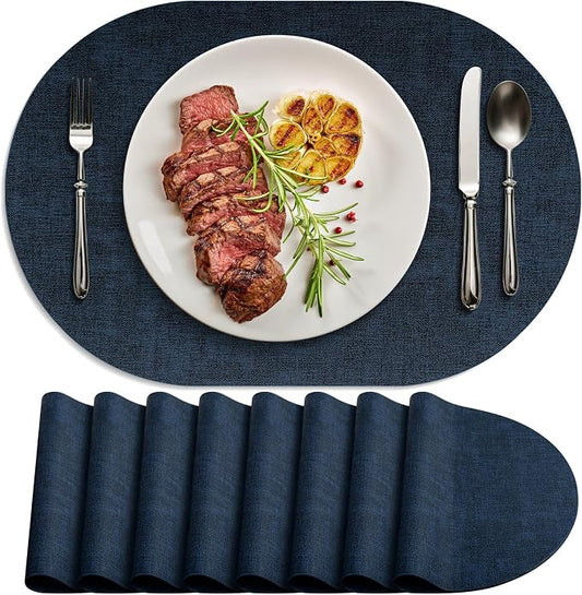 Placemats Set of 8-17" x 11.8" Waterproof & Heat Resistant Oval Place Mats, Wipeable Washable Double Layer Faux Leather Table Mats, Dark Blue by Delicateandelegantplacemats