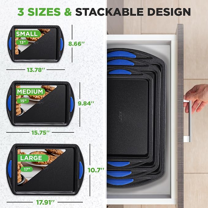 NutriChef 3-Piece Nonstick Cookie Sheets for Baking – Carbon Steel Stackable Bakeware Set w/ Silicone Handles - Non Toxic Baking Pan - Durable & Wrap Resistance, Oven Safe - Easy cleanup - Image 3