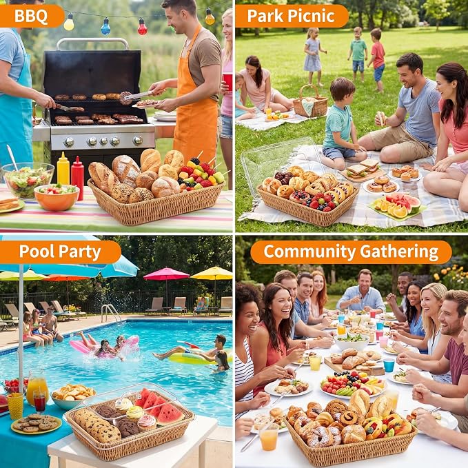 2 Set Wicker Bread Basket for Serving with Acrylic Lid Cover Imitation Rattan Bread Basket Woven for Fruit Summer Picnic BBQ Pool Party Outdoor Housewarming Gift(15.75" X 11.81",13.78" X 9.84") - Image 6