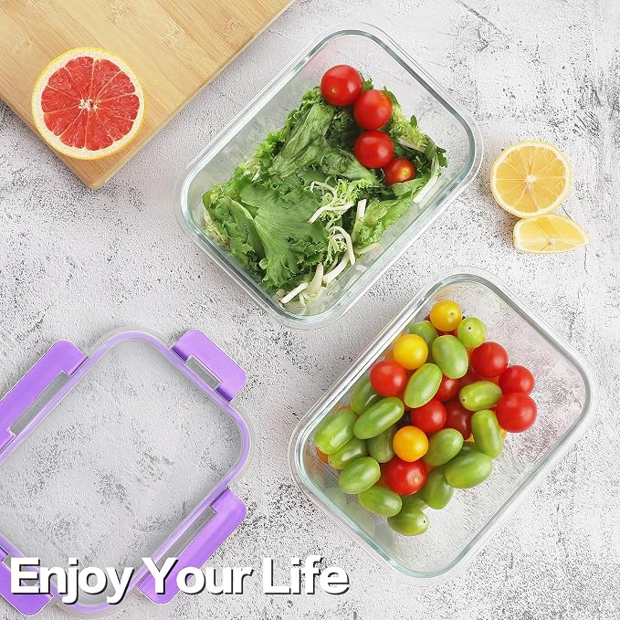 HOMBERKING 10-Pack Glass Meal Prep Containers, 36 oz/14 oz, Locking Lid Set | Borosilicate Glass Food Storage Containers Set, Airtight Lunch Bento Boxes, BPA-Free, Dishwasher Freezer, Oven Safe-Purple - Image 6