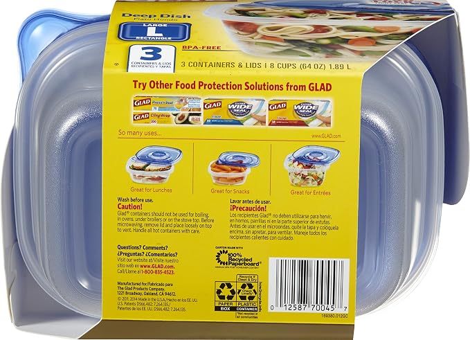 Glad GladWare Deep Dish Food Storage Containers, 64 Oz, 3 Count, 6-Pack | Lock-tight seal for soups, salads, and meal prep in a large rectangle format, microwave and dishwasher safe - Image 4