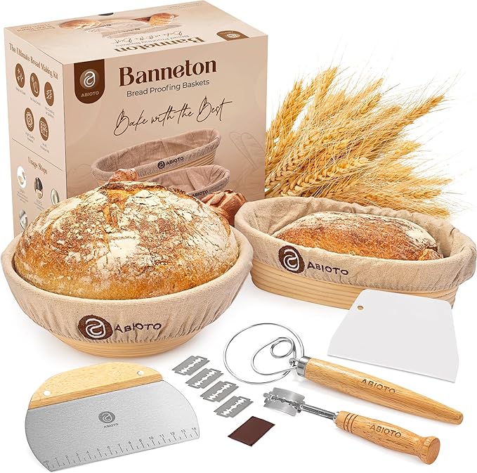 ABIOTO Sourdough Bread Baking Kit - 14-Piece Set with 10" Round & 11" Oval Rattan Banneton Proofing Baskets, Liners, Bread Lame, Danish Whisk & Scrapers for Home Bakers by ABIOTO