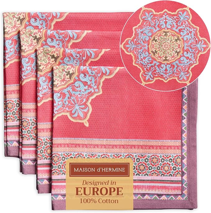 Maison d' Hermine Cloth Napkins Set of 4 Reusable 100% Cotton (20" x 20") | Everyday Square Napkins Cloth Washable Dinner Wedding Restaurant Hotel Kitchen Thanksgiving Christmas - Ispahan by MaisondHermine