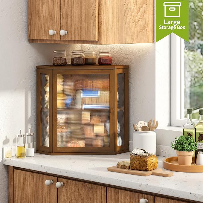 BMOSU Corner Bread Box for Kitchen Countertop Double Layer Bamboo Wooden Bread box Large Capacity Bread Storage Bin(Brown, Extra Large) - Image 4