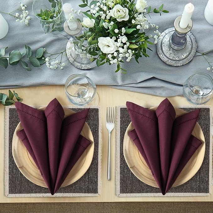 Ramanta Home Burgundy Cloth Dinner Napkin Set of 24-18x18 Inch | Cotton Linen Flax Hemstitched Napkins Washable for Everyday Use - Image 3