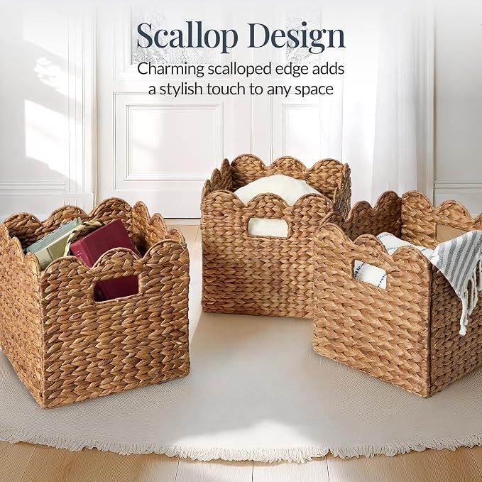Best Choice Products 12 x 12in Scalloped Hyacinth Baskets, Rustic Set Of 5 Multipurpose Collapsible Storage Organizer, Handwoven Laundry Totes for Bedroom, Living Room, Shelves – Chestnut - Image 3