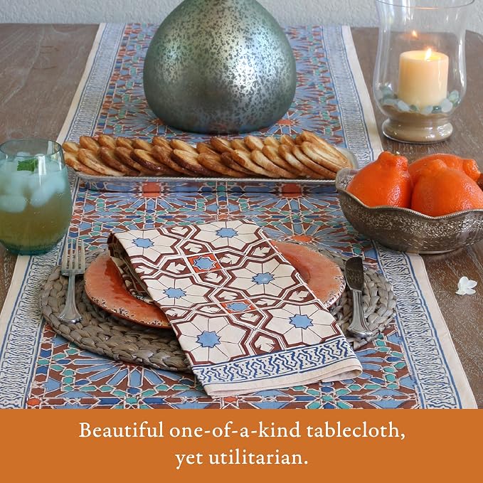 100% Blue Cotton Dinner Napkins, Set of 6, Hand Printed Mosaique Bleue Main Design, Fair Trade, Washable Cloth Napkins for Parties & Cocktails 20x20 in - Image 4