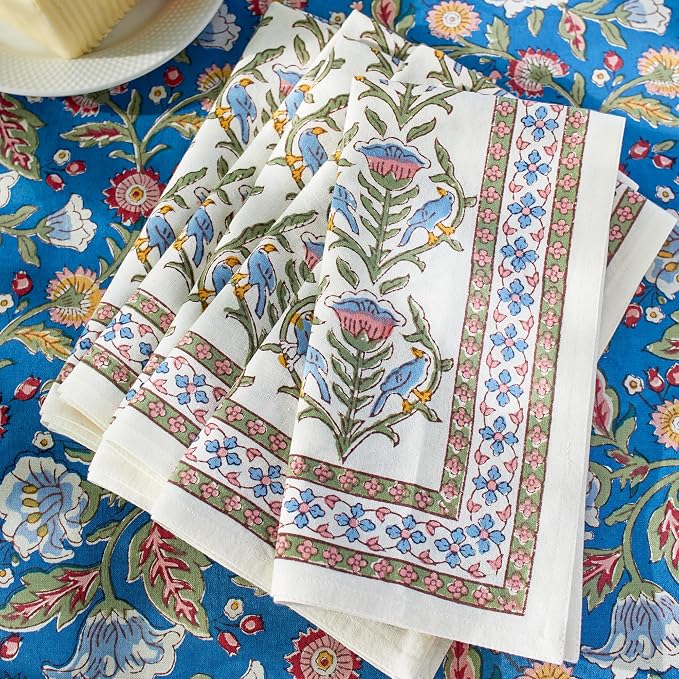 100% White Cotton Dinner Napkins, Set of 6, Hand Printed Enchanted - CP Design, Fair Trade, Washable Cloth Napkins for Parties & Cocktails 20x20 in by SaffronMarigold