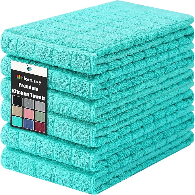 Homaxy Premium Ring Spun Cotton 390 GSM Kitchen Towels, 6 Pack, Aqua | 16" x 28" Large Dish Towels, Super Absorbent Terry Hand Towels, Soft Tea Towels with Hanging Loops by Homaxy