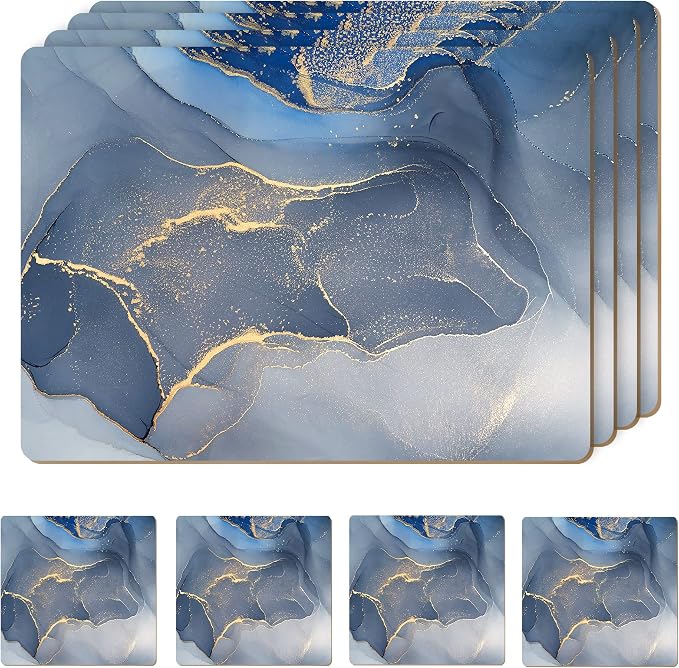 Set of 4 Heat Resistant Cork Placemats for Dining Table with Free Set of 4 Matching Drink Coasters Marble Design 16 x 12 Inches Cork Backed Hard Placemats (Blue & Gold) by Moderry