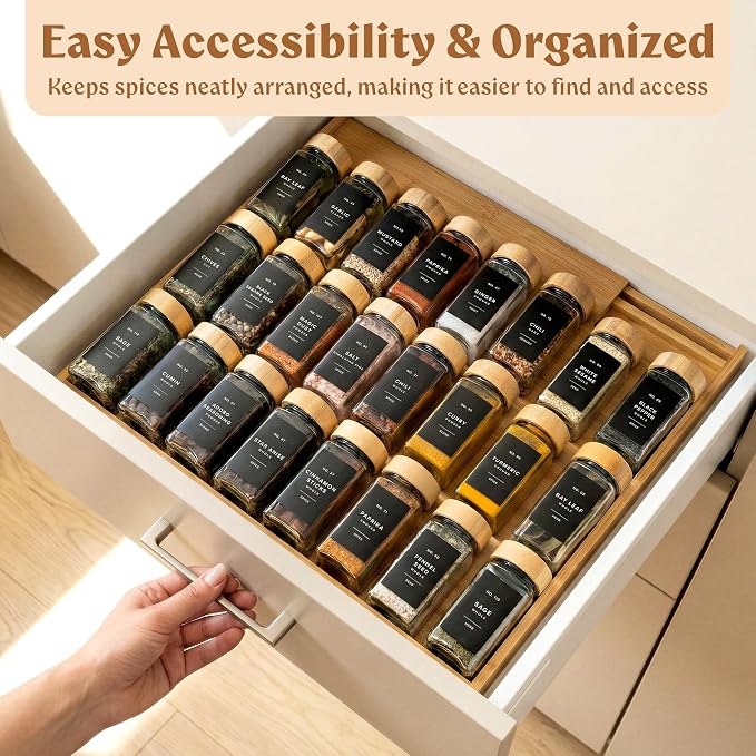 Bamboo Spice Drawer Organizer - Expandable 4 Tier Spice Rack (Need 3" Deep Drawer) 12" to 24" Wide, Seasoning Organizer, Organization Seasoning Rack insert (Jars Not Included) - Image 4