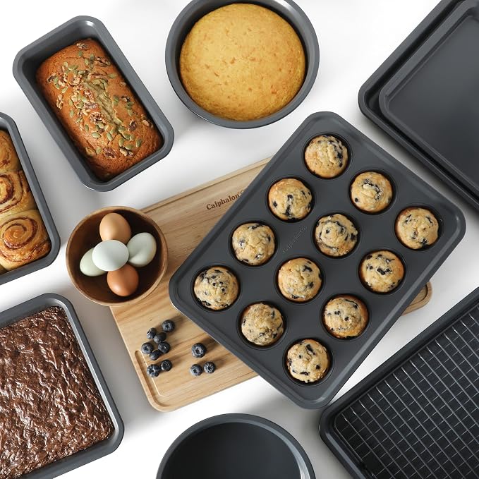 Calphalon Legacy 10-Pieces Nonstick Bakeware Set PFOA-Free, Baking Sheet Set, Carbon Steel Bakeware Pans Collection, High-Heat Oven Safe, for Cookies, Cakes, and Muffins -Blue/Grey Interior - Image 2