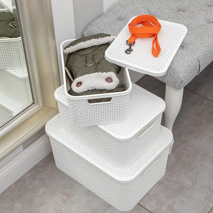 BranQ Home essential Basket with Lid in Rattan Design, Set of 2, Size M, 19 L, BPA-Free Plastic PP, White, 28.8 x 19.7 x 16.2 cm, Pack of 2 - Image 3