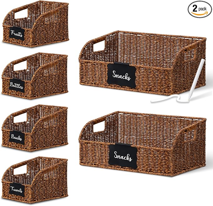 Brownlily Faux Wicker Pantry Storage Baskets, Brown-Double Set (6-Piece) | Handwoven Baskets for Organizing with Built-in Handles, All-Purpose Storage Baskets with Chalkboard for Shelves,Laundry Room by Unknown
