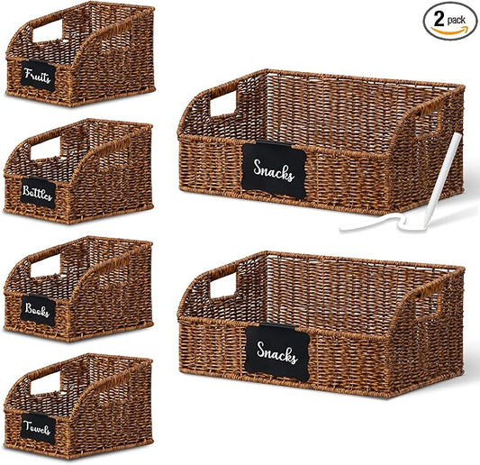 Brownlily Faux Wicker Pantry Storage Baskets, Brown-Double Set (6-Piece) | Handwoven Baskets for Organizing with Built-in Handles, All-Purpose Storage Baskets with Chalkboard for Shelves,Laundry Room by Unknown