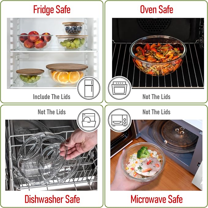 Set of 5 Nesting Glass Bowls with New Updated Acacia Lids for Foodprep, Storage, Mixing & Cooking - Microwave & Oven-ready BPA Free Durable Heat Resistant Inert Borosilicate Glass - Image 6