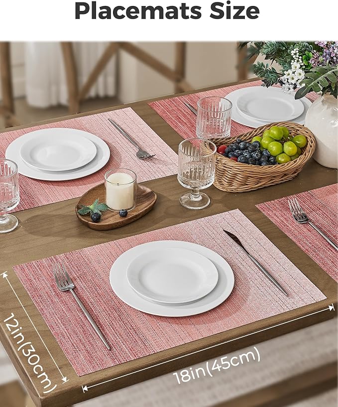Leetaltree Gradient Pink Woven Placemats Set of 6 - Heat Resistant Non-Slip Place mats for Dining Table, Washable Durable PVC Vinyl Woven Table Mats(Gradient Pink, 6) - Image 3