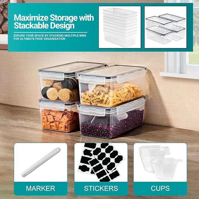 Sorbus Food Storage Containers - Pack of 8 - Air Tight, Four-Way Snap Lids Keeps Food Fresh - Store Cereal, Pasta, Flour, Nuts, Candy - Durable Plastic Kitchen Pantry Bins - Image 7