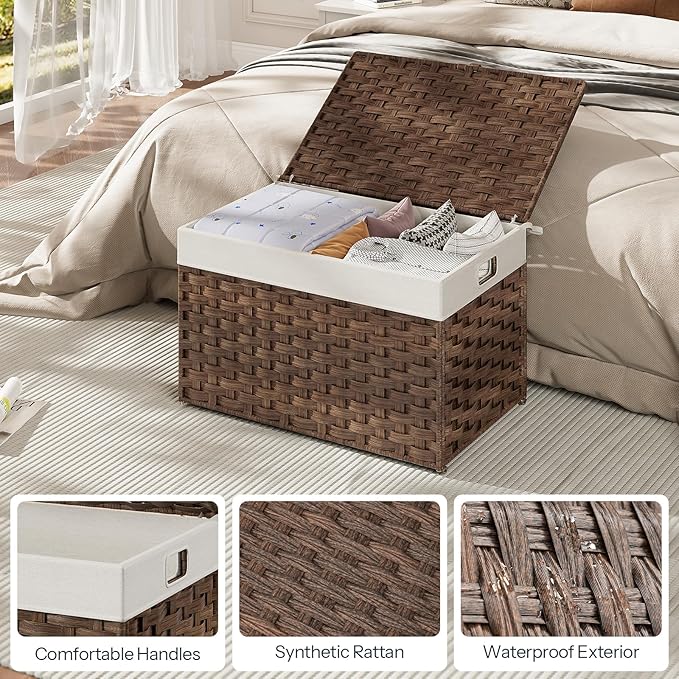 HOOBRO Storage Basket with Lid, 17.2 Gallon (65L) Wicker Basket, Handwoven Blanket Storage Basket with Handles, Metal Frame and Soft Lining, Foldable for Bedroom, Laundry Room, Brown BR265CW01 - Image 7