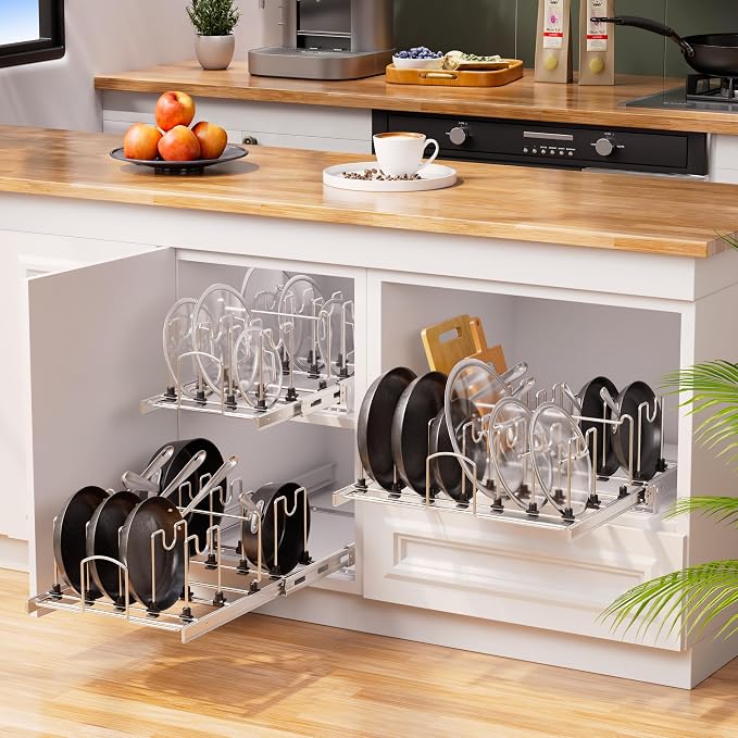 Pull Out Pots and Pans Organizer Under Cabinet, Sliding Adjustable Pot Rack with 11 Adjustable Dividers, Chromeplating Pot and Pan Holder Rack, Full-Extension Rail 15" W X 22" D - Image 7