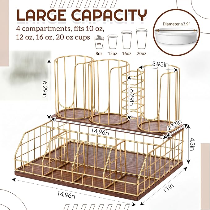 Coffee Cup and Lids Organizer with 4-compartment Double Layer, Cup and Lid Holder for Coffee Pod Straw and Lid Storage, Fits 4-20 oz Cups, Max Accommodable Dia 3.9 in - Image 2
