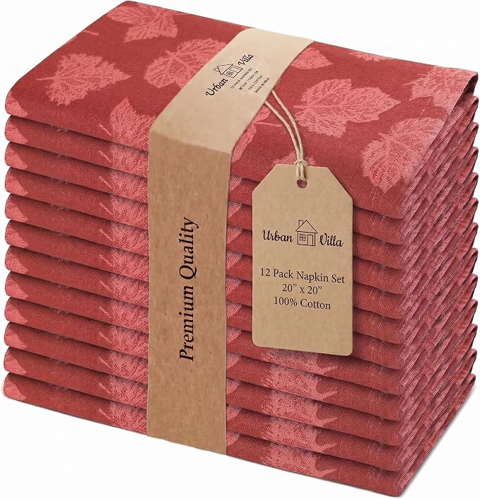 Urban Villa Cloth Napkins Cotton 20x20 (Set of 12) Brown Leaf Print by CottonTrends