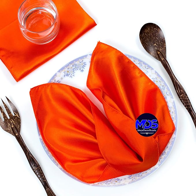 Set of 100 PCS Satin Napkin 12x12 Inch Square, Dinner Table Napkins for Wedding, Bulk Silky Sateen Cloth Napkins for Restaurant Banquet Graduation Birthday Party Decoration - Orange by MDS