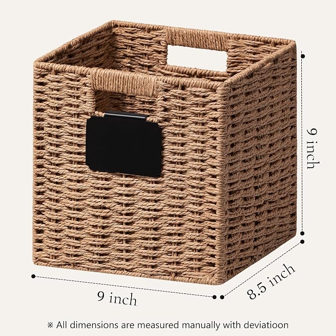 UBBCARE 4 Pack Small Wicker Basket, 9×9 Storage Cubes with Label, Foldable Cube Storage Bin with Handle, Square Storage Basket for Shelves, Woven Paper Rope Basket for Organizing, Caramel - Image 2