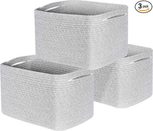 3-Pack Decorative Woven Storage Baskets for Shelves, Cube Bin Box for Organizing Books, Shoes, Dog Toys, Pantry Closet and Living Room Organizer, Light Gray Mix by MINTWOODDesign