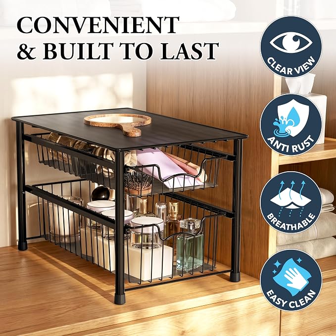 Simple Houseware Stackable Sliding Basket Organizer Drawer, Black, 2-Tier - Image 5