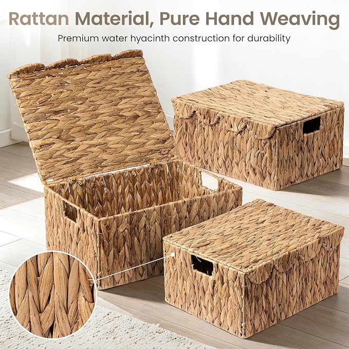 Wicker Basket with Scalloped Edge Lid, Water Hyacinth Storage Basket with Built-in Handles, Handwoven Wicker Box for Living Room, 15" L x 11 ¼" W x 7" H (Water Hyacinth) - Image 3