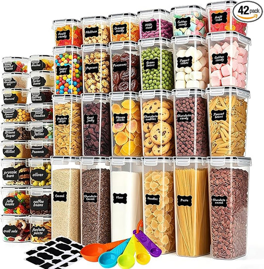 42pcs Airtight Containers, Clear Stackable Dry Food Storage | 42pk clear airtight containers with tight lids keep dry food fresh. Safe plastic, stackable for pantry kitchen storage by stusgo