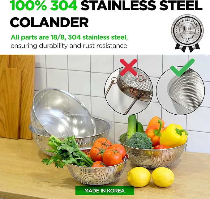 Premium 18/8 304 Stainless Steel Micro-Perforated Small and Big Colander Set of 4 with rings - 3.5-5.5-7.5-9.5 Quart Set, Self-Draining Solid Base for Pasta, Fruits, Vegetables - Image 2