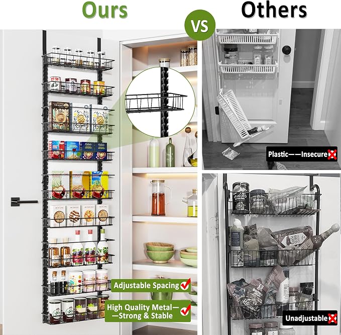 Churboro 9 Tier Over Door Pantry Organizer, 2-in-1 Adjustable Spice Rack | Metal Pantry Door Organizers and Storage, Hanging or Wall Mount Shelves with 9 Adjustable Baskets, 3 Safety Bars, Black - Image 4