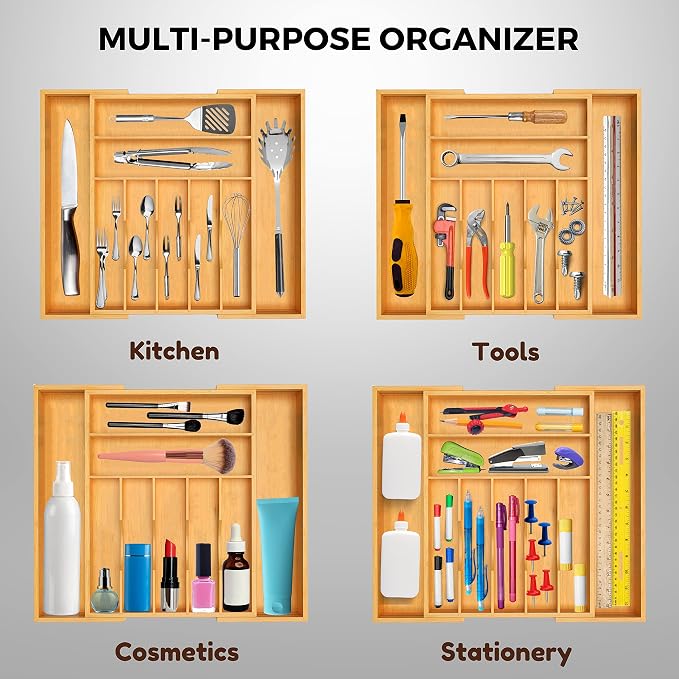 Bamboo Kitchen Utensil Organizer, Expandable Silverware Organizer for Kitchen Drawers, Premium Wood Drawer Organizers, Silverware Holder Tray for Drawers Flatware-Cutlery Organizer for Drawer - Image 3