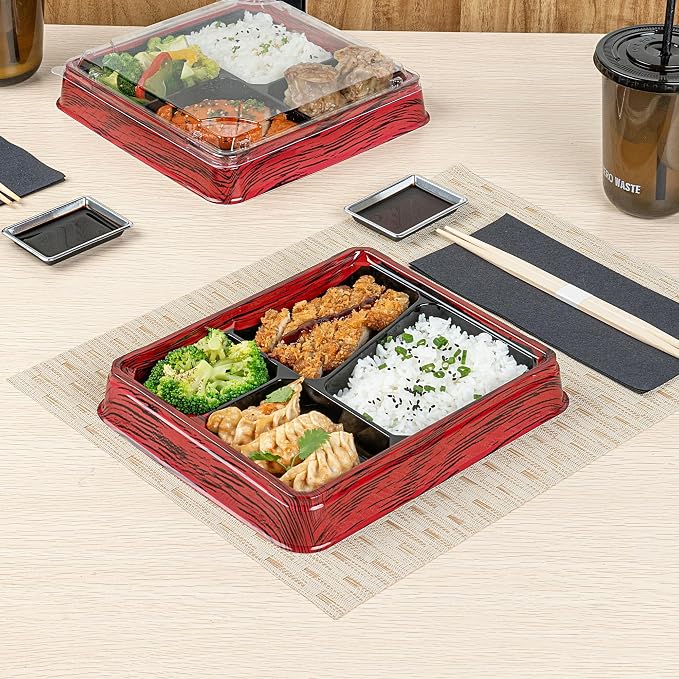 Restaurantware-Bento Tek 18.6 Ounce Meal Prep Containers, 50 Disposable To Go Food Boxes - Lids Sold Separately, 4 Compartments, Red And Black Plastic Bento Lunch Boxes, Freezable, For Take Out - Image 7