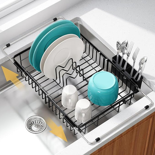 JASIWAY Black Dish Drying Rack Over the Sink with Utensil Holder | Expandable Stainless Steel Dish Driainers for Small Kitchen, Counter Space Saving, Fast Drain, Rust Resistant, For Apartment by JASIWAY