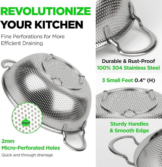 Premium 18/8 304 Stainless Steel Set of 3 – Micro-Perforated Strainers with Handles, Self-Draining Base for Pasta Vegetables Fruit, Heavy Duty (4, 6, 8 Qt) Made in Korea - Image 3