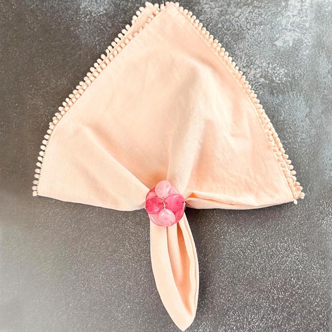 Cotton Napkins with Hand-Knotted Trim, Set of 4 – Cute Reusable Large Cloth Napkin for Dining, Weddings, Summer & Lovely Gift, 22 x 22 Inch, Peach Pink - Image 4