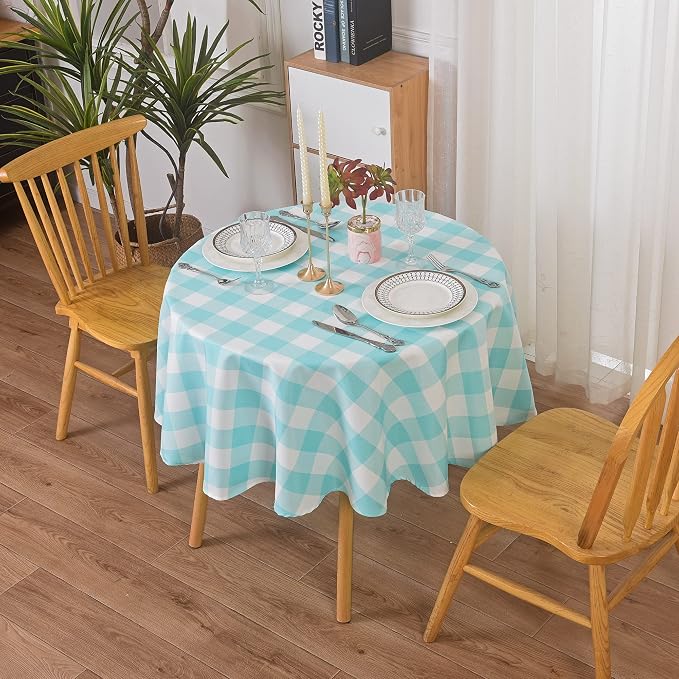 Cupuamon 2 Pack Waterproof Polyester Fabic Round Checkered Tablecloth，60 Outdoor Table Cloth，Oil Stain Prevention Table Cloth for Pinics and Parties（Aqua and White） by Cupuamon