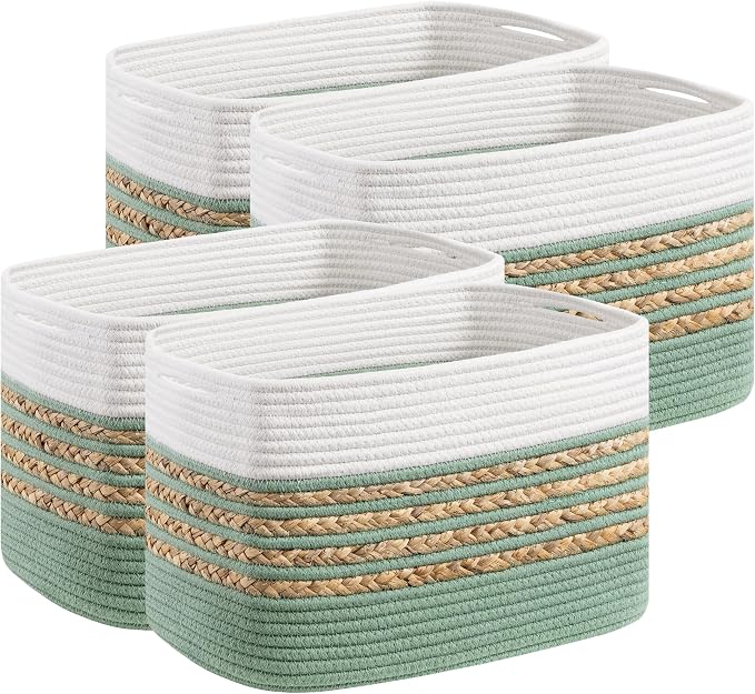 UBBCARE 4 Pack Baskets for Organizing, Woven Storage Baskets for Toys and Towel, Rectangle Cotton Rope Basket with Handles, 14''L x 8''W x9''H, Green by UBBCARE