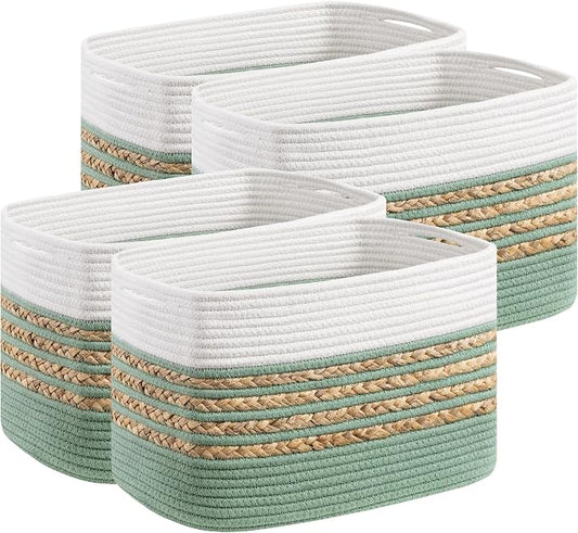 UBBCARE 4 Pack Baskets for Organizing, Woven Storage Baskets for Toys and Towel, Rectangle Cotton Rope Basket with Handles, 14''L x 8''W x9''H, Green by UBBCARE